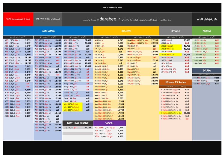 لیست قیمت شنبه 3 شهریور 1403 ساعت 12:40