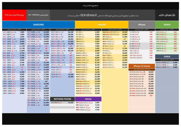 لیست قیمت پنج شنبه 25 مردادماه 1403 ساعت 11:45